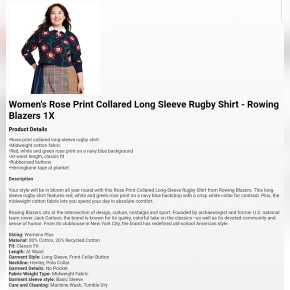 Women's Rose Print Collared Long Sleeve Rugby Shirt - Rowing Blazers - Picture 6 of 9